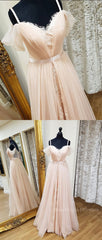 Pink sweetheart neck tulle long prom dress, pink evening dress