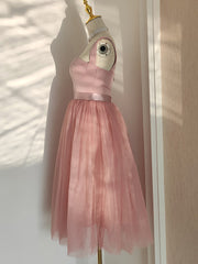 Pink Tea Length Sweetheart Tulle Party Dresses, Pink Wedding Party Dresses