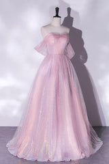 Pink Tulle and Sequins Sweetheart Long Party Dress, A-line Pink Prom Dress