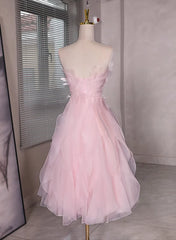 Pink Tulle Beaded Low Back Short Party Dress, Pink Tulle Homecoming Dress