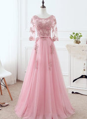 Pink Tulle Elegant Party Dress with Lace, Pink A-line Formal Dress Bridesmaid Dress