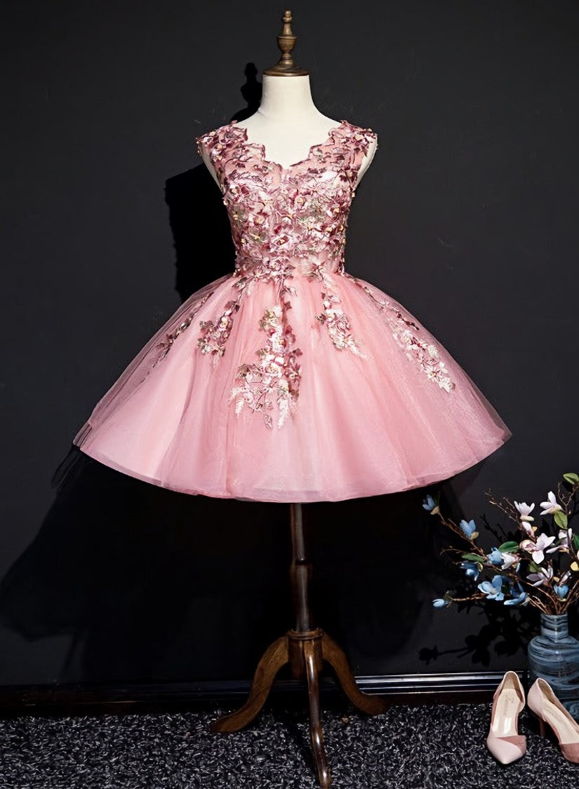 Pink Tulle Flowers Homecoming Dress, Short Pink Teen Formal Dress