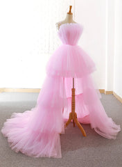 Pink Tulle High Low Layers Homecoming Dress, Pink Evening Dresses