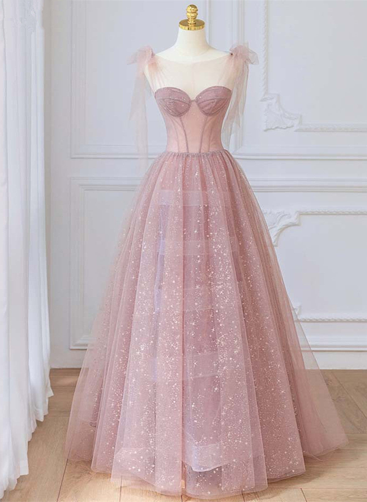Pink Tulle Round Neckline A-line Party Dress, Pink Floor Length Evening Dress