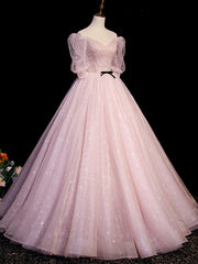 Pink Tulle Short Sleeves Ball Gown Long Formal Dresses, Pink Evening Dresses
