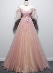 Pink Tulle V-neckline Floral Long Prom Dress, Pink Straps Party Dress