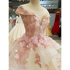 Pink Tulle with Flowers and Beaded Long Party Dress, Pink Sweet 16 Gown