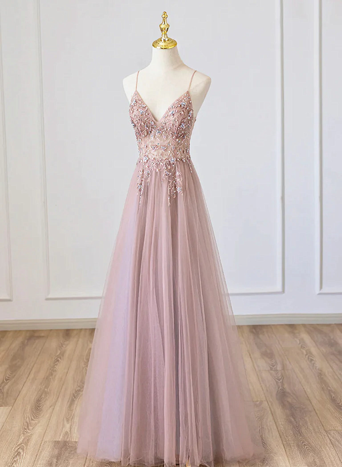 Pink V-neckline Beaded Straps Floor Length Party Dress, Pink Long Formal Dress