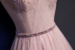 Pink V-neckline Beaded Tulle Prom Dress , Party Gown