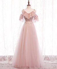 Pink V-neckline Lace Off Shoulder Long Party Dress, Pink Floor Length Formal Dress