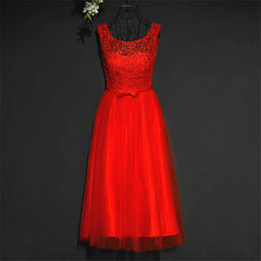 Pretty Red Tulle and Lace Tea Length Party Dress, Red Bridesmaid Dress