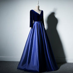 Pretty Royal Blue Long Sleeves Satin with Velvet Party Dress, A-line Long Prom Dress