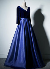 Pretty Royal Blue Long Sleeves Satin with Velvet Party Dress, A-line Long Prom Dress
