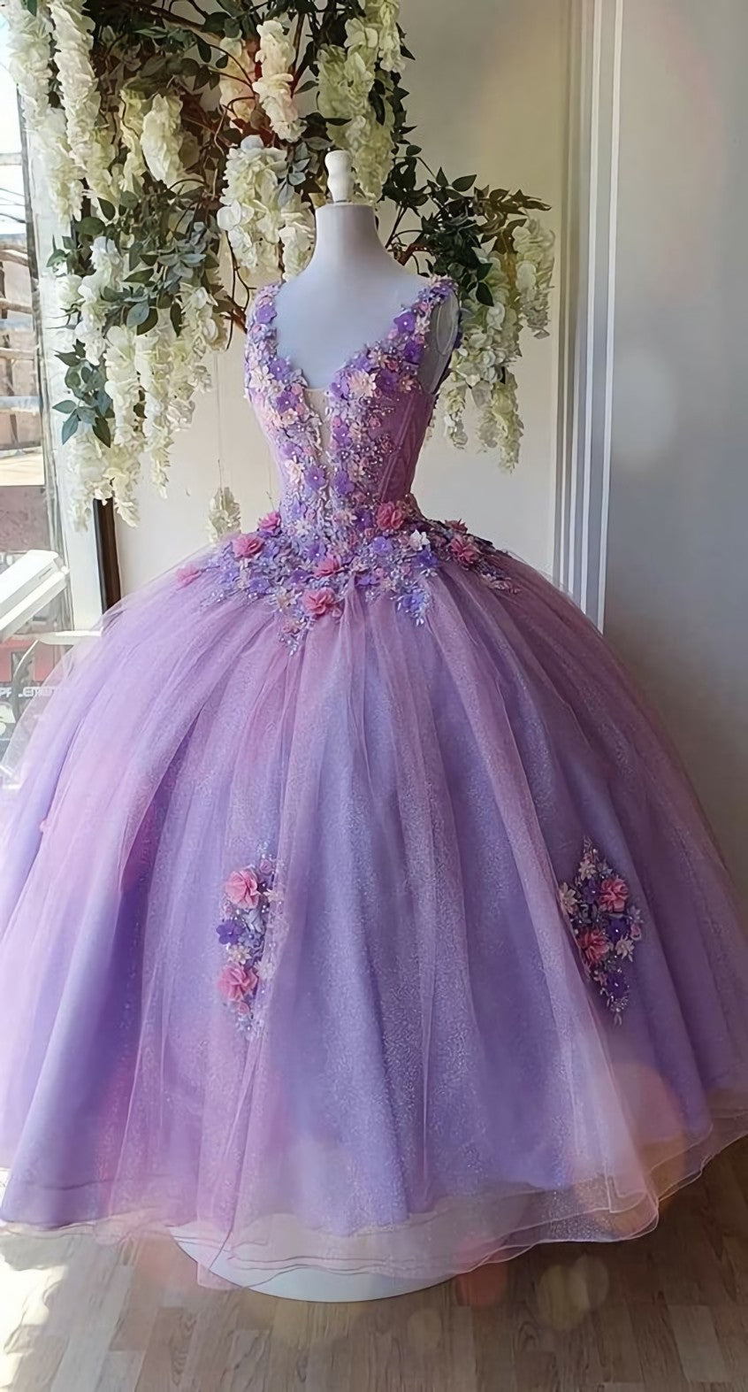 Princess Tulle Long Prom Dress with Flower,Ball Gowns Quinceanera Dresses