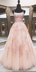 Lace Appliques Pink A LineTulle Long Prom Dresses With Straps