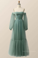Puffy Sleeves Green Tulle A-line Long Formal Dress