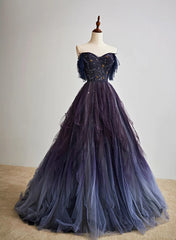 Purple Gradient Off Shoulder Beaded Sweetheart Prom Dress, Purple Long Tulle Formal Dress