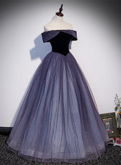 Purple Gradient Tulle Off Shoulder Long Party Dress, A-line Purple Evening Dress Prom Dress