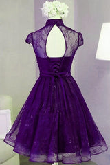 Purple Lace Knee Length Homecoming Dress, Purple Lace Short Prom Dress