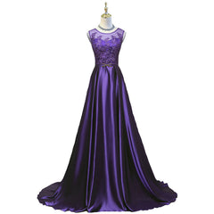 Purple Long Round Neckline Prom Dress, Satin Wedding Party Dress