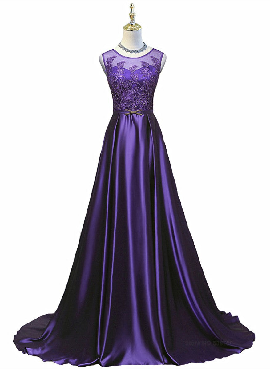 Purple Long Round Neckline Prom Dress, Satin Wedding Party Dress