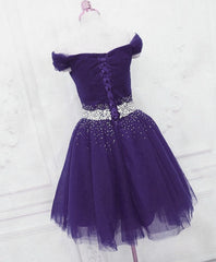 Purple Off Shoulder Knee Length Beaded Tulle Homecoming Dress, Sweetheart Short Prom Dress
