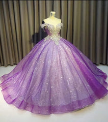 Purple Off The Shoulder Ball Gown Bling Bling Prom Dress