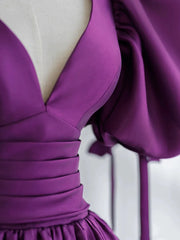 Purple Satin Puffy Sleeves Long Party Dress, Dark Purple Evening Dress