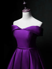 Purple Sweetheart Satin Off Shoulder Homecoming Dresses, Purple Short Prom Dresses