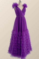 Purple Tiered Ruffles A-line Long Formal Gown