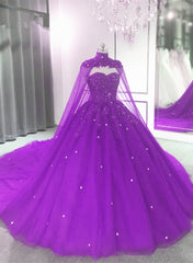 Purple Tulle Quinceanera Dress Lace Applique Beaded Cape, Purple Formal Dress Party Dress