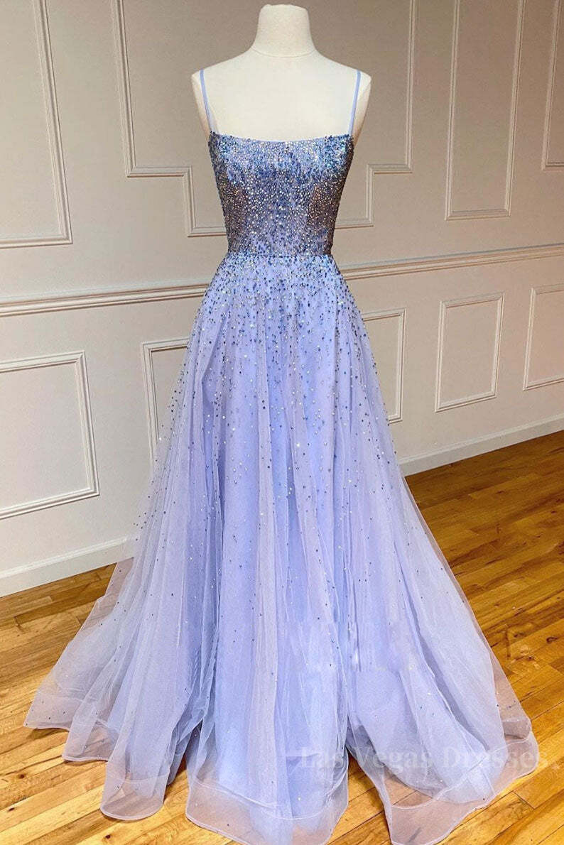 Purple tulle sequin long prom dress tulle formal dress