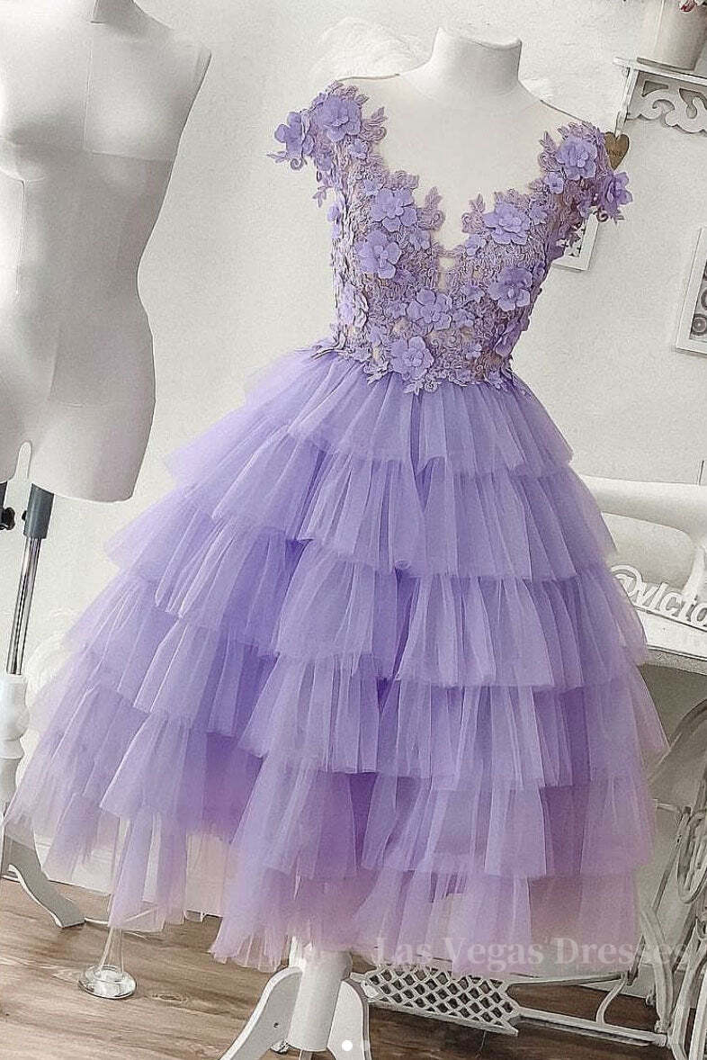 Purple tulle short prom dress, purple evening dress