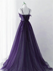 Purple Tulle with Lace Applique Long Prom Dress, Purple Long Formal Dress