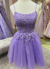 Purple Tulle with Lace Short Straps Homecoming Dress, Purple Short Prom Dress
