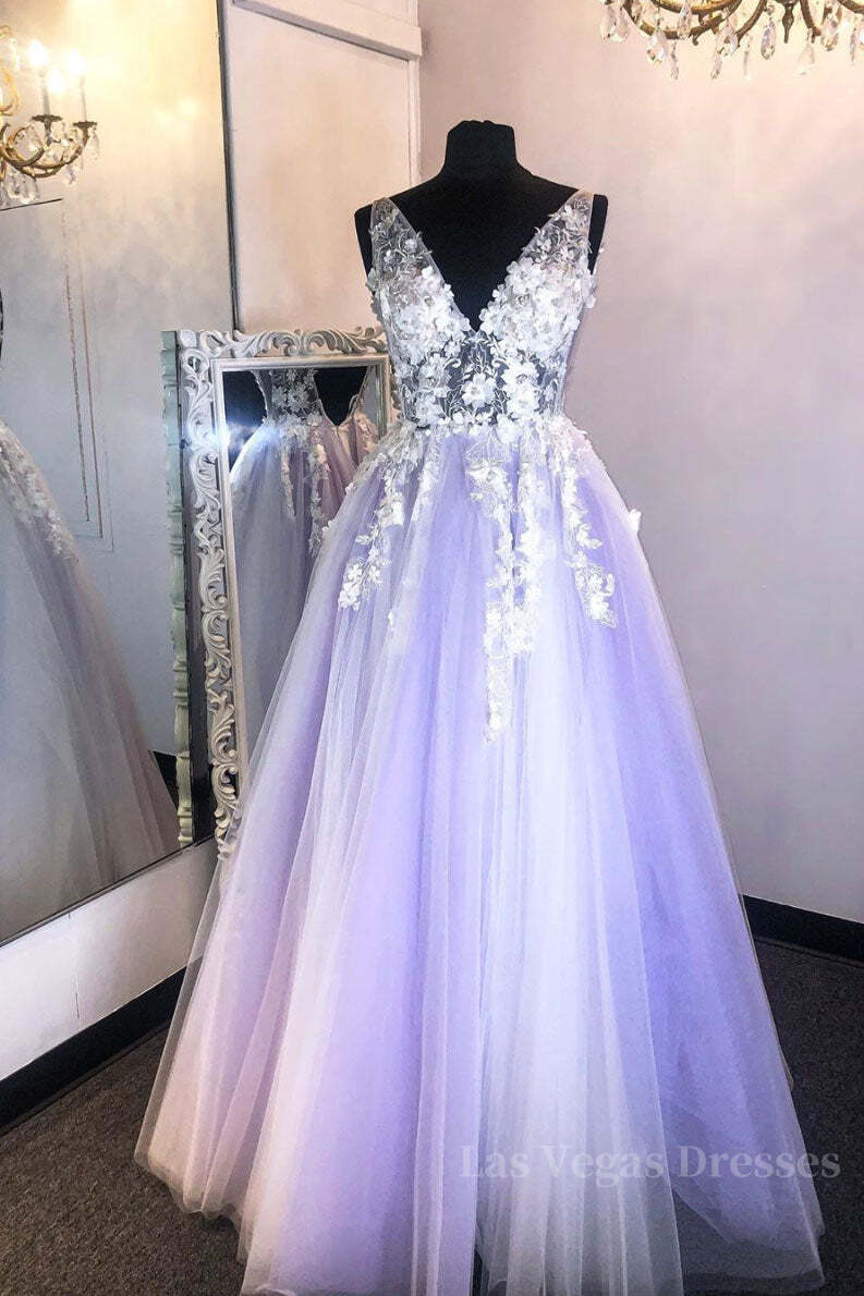 Purple v neck lace applique long prom dress purple formal dress