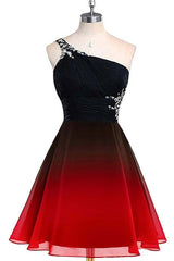 Red and Black One Shoulder Chiffon Beaded Homecoming Dress, Gradient Short Prom Dress