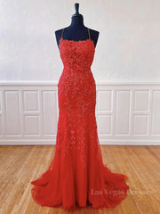 Red Backless Lace Prom Dresses, Red Open Back Lace Formal Evening Dresses