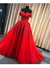 Red Gorgeous Sweetheart Off Shoulder Lace Applique Ball Gown Prom Dress, Red Evening Dress Party Dress