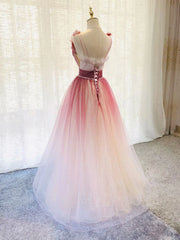 Red Gradient Tulle Beaded Long Party Dress Formal Dress, V-neckline Party Dresses