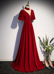 Red High Neckline Velvet Long Party Dress, Red Short Sleeves Velvet Prom Dress