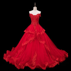 Red Lace and Tulle Gorgeous Off Shoulder Princess Sweet 16 Dress, Red Formal Gown