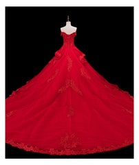 Red Lace and Tulle Gorgeous Off Shoulder Princess Sweet 16 Dress, Red Formal Gown