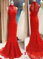 Red Lace Mermaid Long Formal Gown, Red Bridesmaid Dress