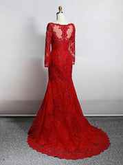 Red Lace Mermaid Long Sleeves Evening Gown, Red Lace Wedding Party Dress