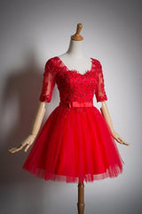 Red Lace Short Sleeves Tulle Knee Length Party Dresses, Red Short Formal Dresses