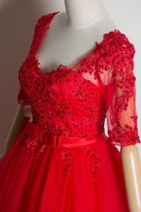 Red Lace Short Sleeves Tulle Knee Length Party Dresses, Red Short Formal Dresses