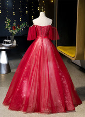 Red Off Shoulder Tulle Sweetheart Party Dress, Red Ball Gown Sweet 16 Dress