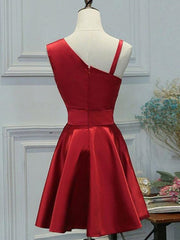 Red One Shoulder Satin Knee Length Homecoming Dress Party Dress, Short Prom Dress Formal Dress