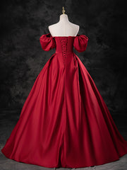 Red Satin A-line Short Sleeves Long Prom Dress, Red Long Formal Dress Evening Dress